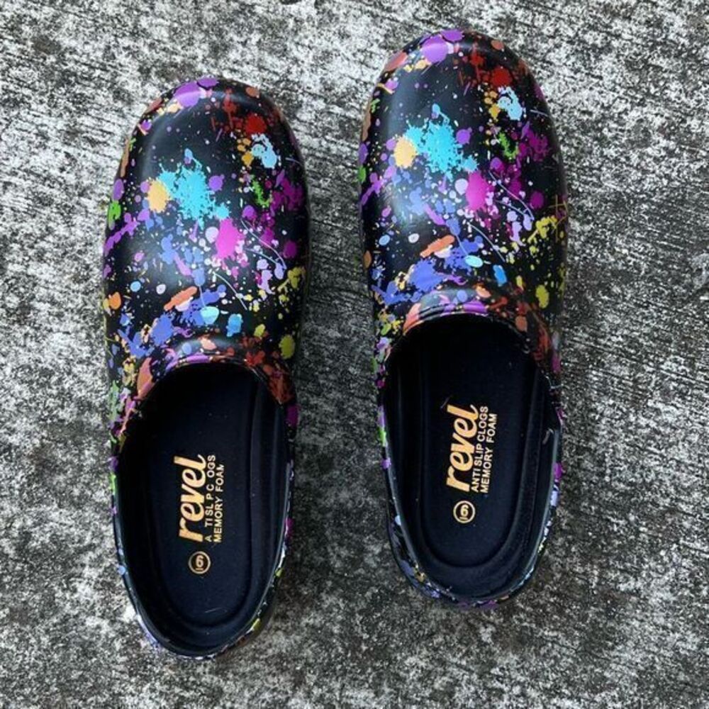 Revel Women's Anti Slip Clogs Memory Foam Multicolor Paint Splatter‎ Size 6